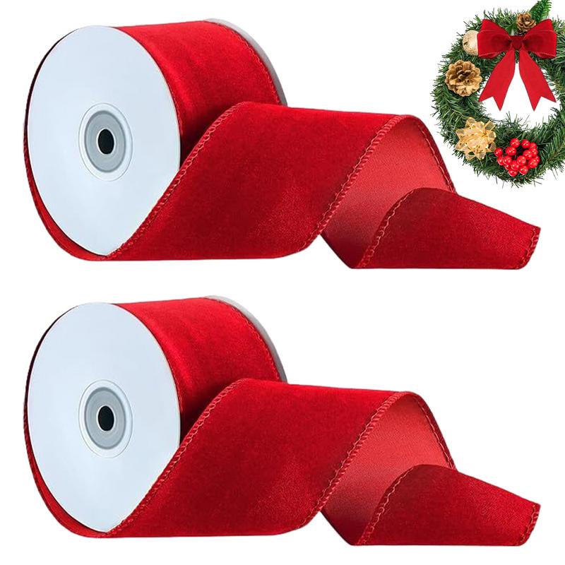 Velvet Ribbon Roll - 2-Rollen-Verpackung, verdrahtetes rotes Samtband, doppelseitiges Weihnachts-Samtband,