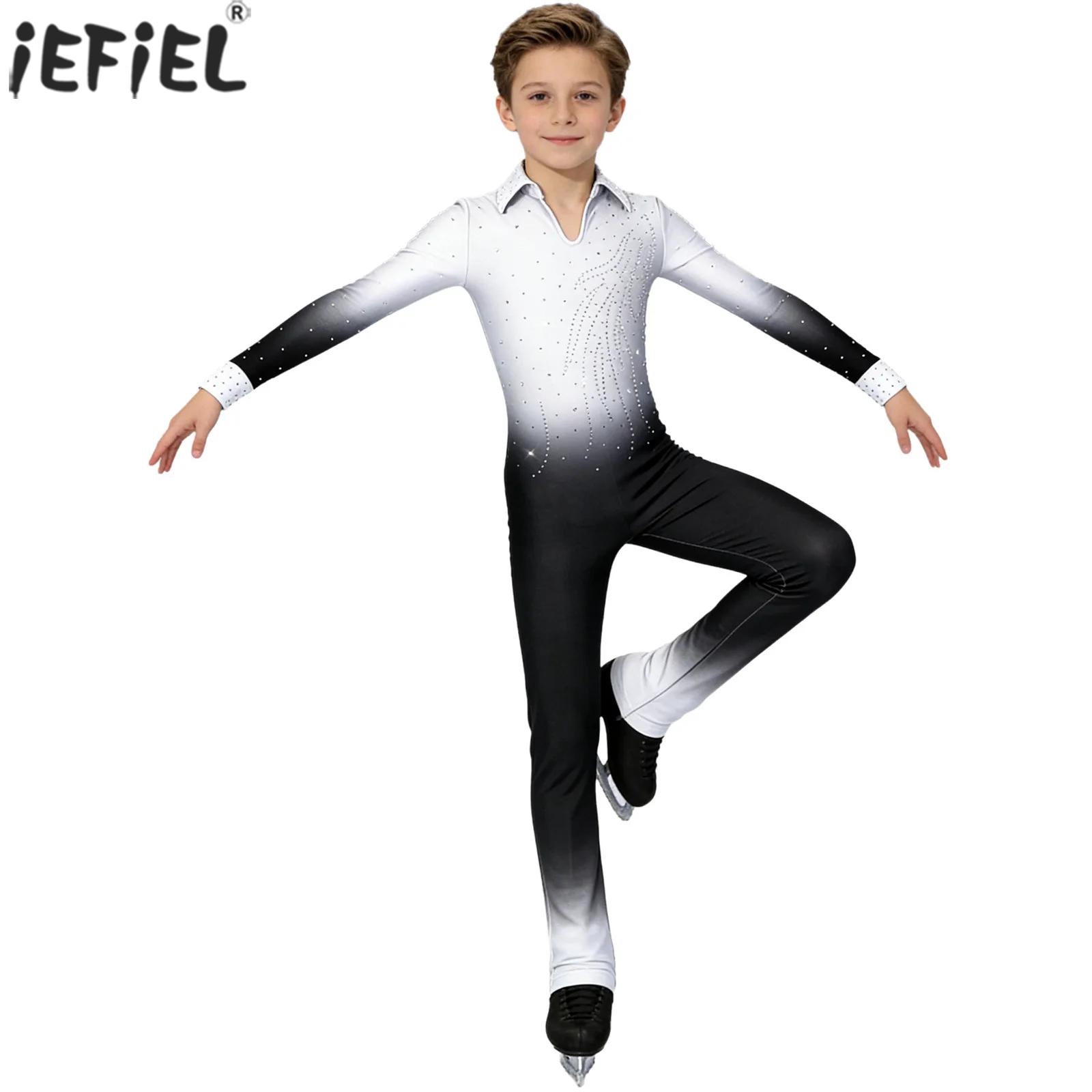 Rhinestone Banding Trim - Kinder Jungen Eiskunstlauf-Tanzanzug mit Glitzersteinchen, Langarm-Ganzkörper-Trikot
