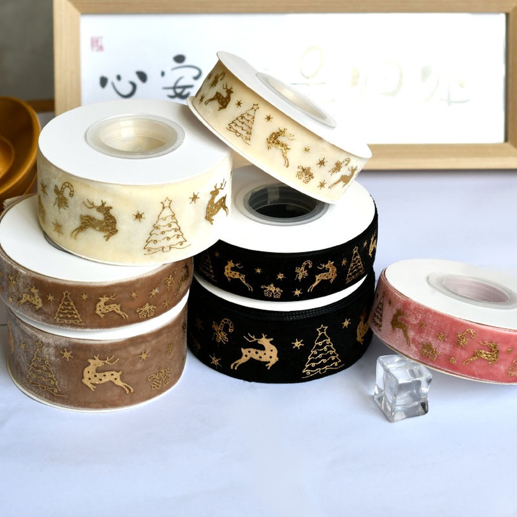 Velvet Ribbon Roll - 5 Yards/Rolle 2,5 cm Weihnachts-Goldfolien-Elch-Schneeflocken-Bedrucktes Samtband