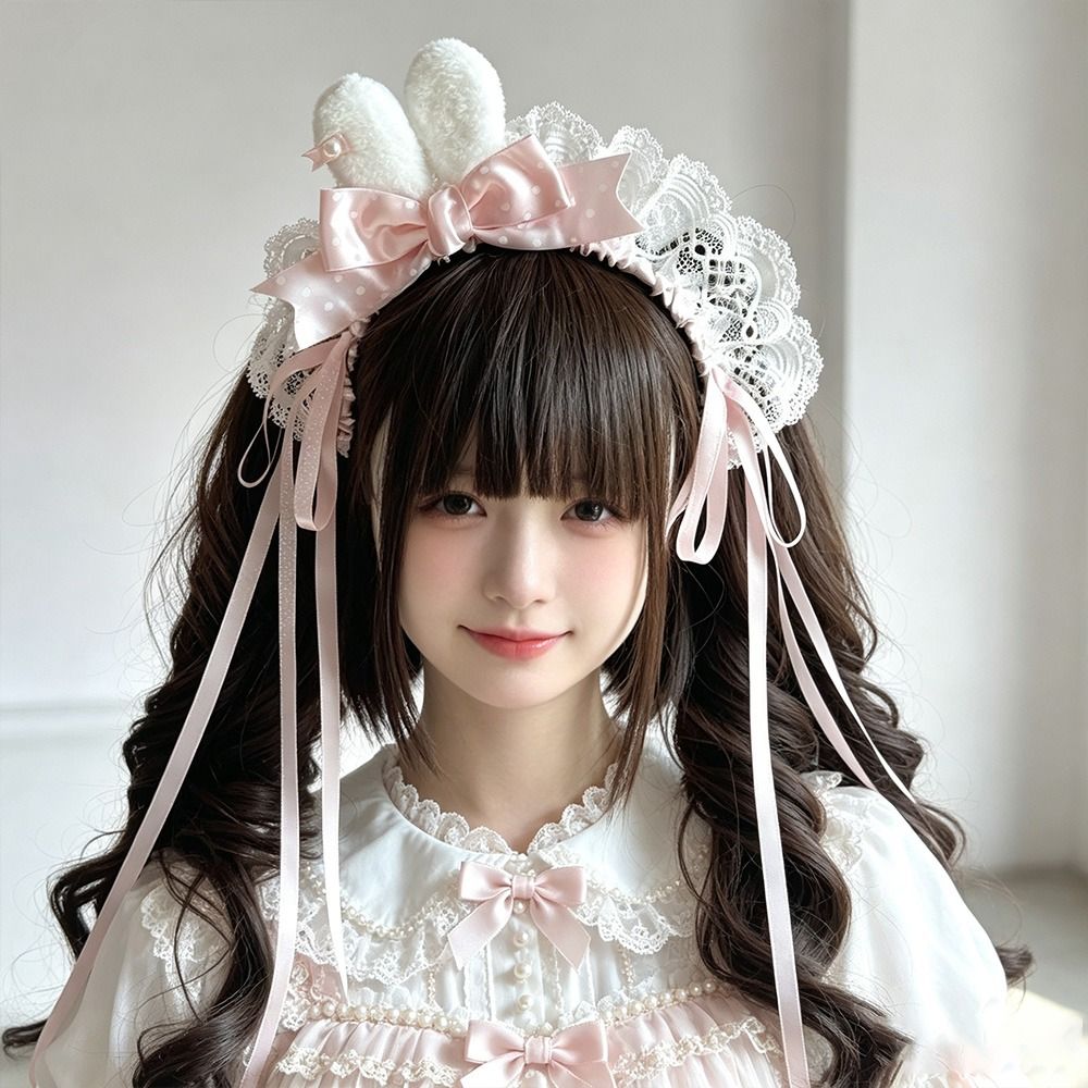 Lace Ribbon Trim - Neues Polka-Dot-Schleifen-Haarband mit Hasenohren, Mini-Hasenohren, Spitzenbesatz,